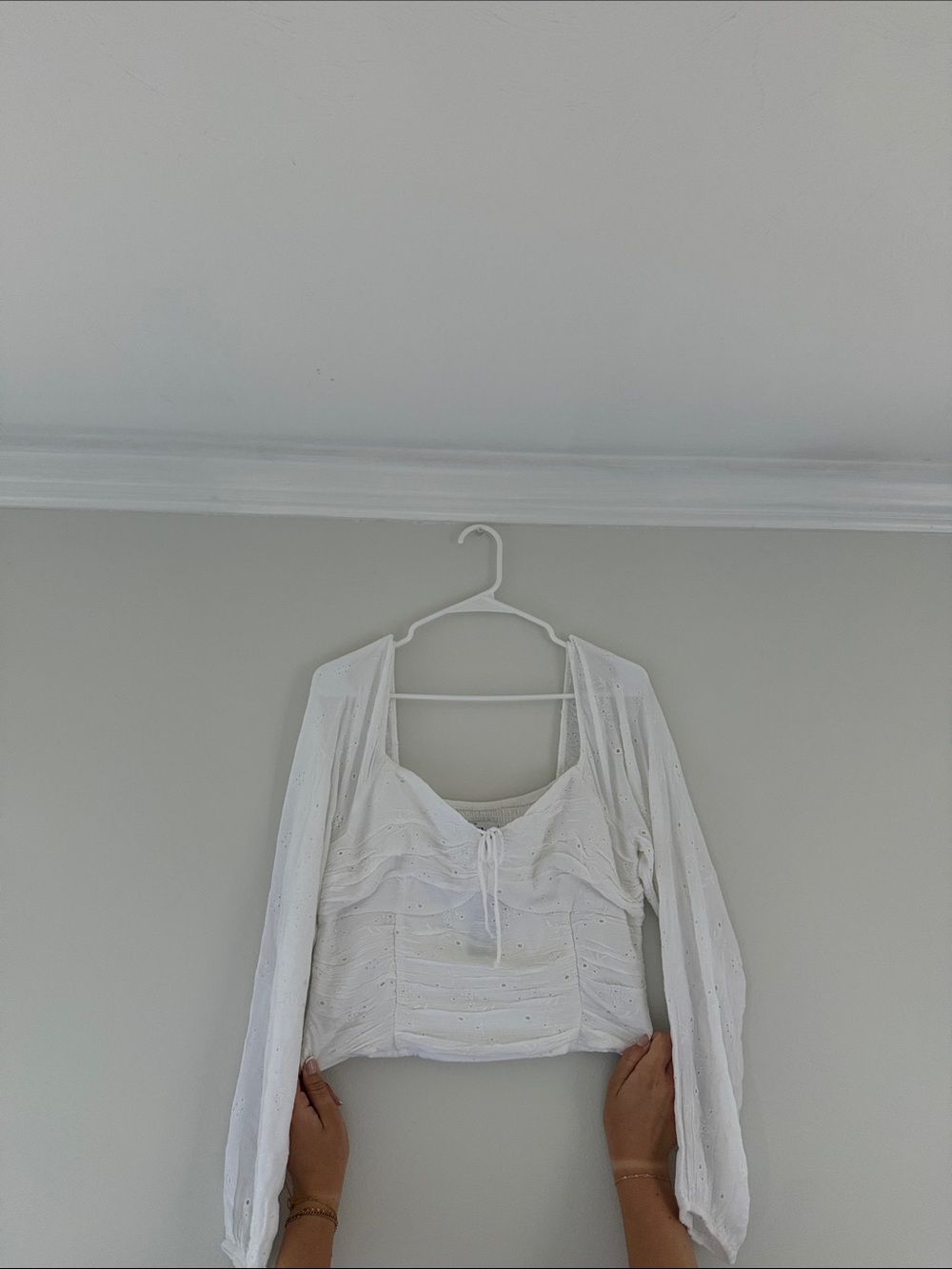 White Long-Sleeve Ruched Front Women's Top